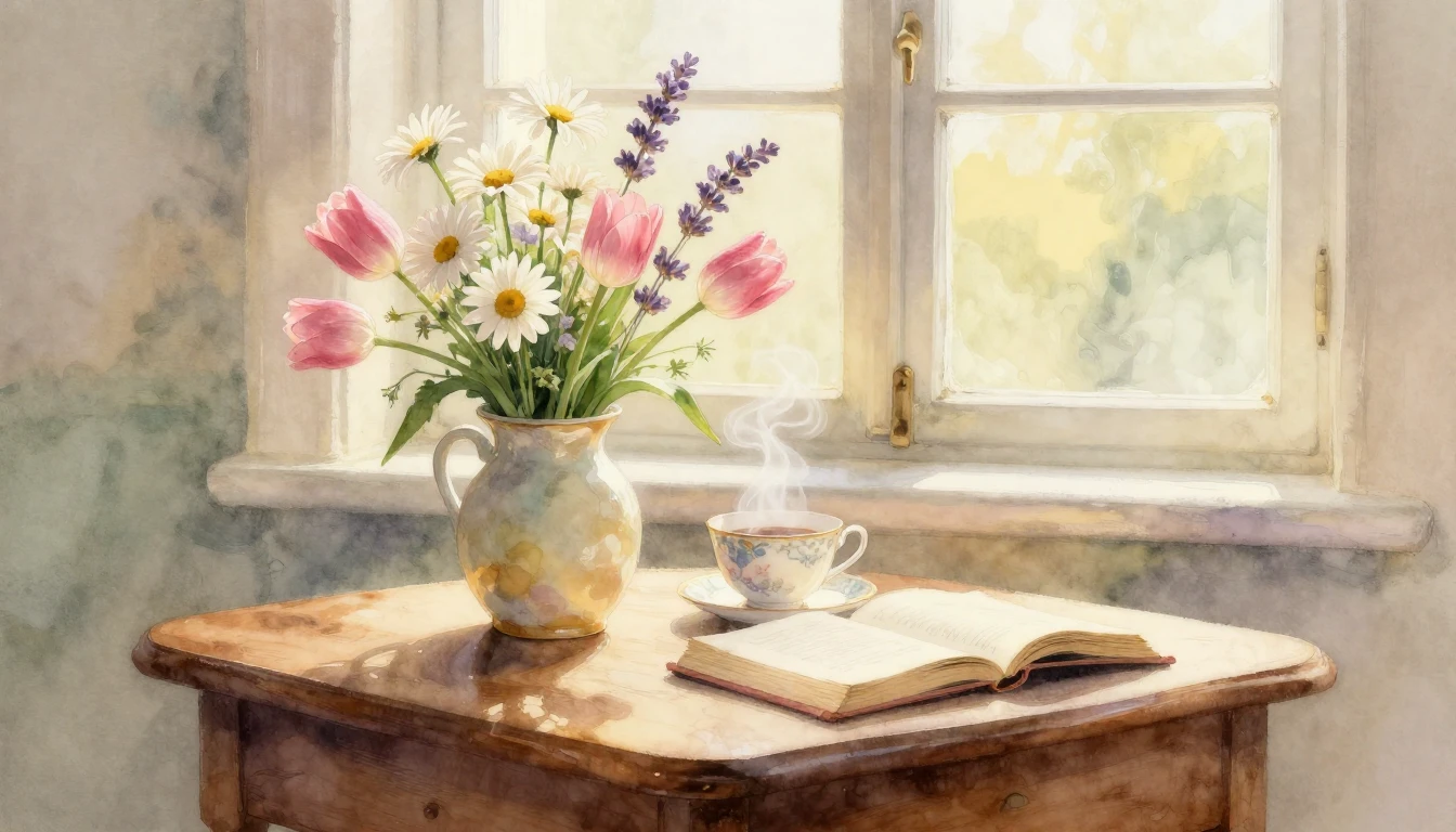 A warm and nostalgic watercolor painting depicting a cozy mo...