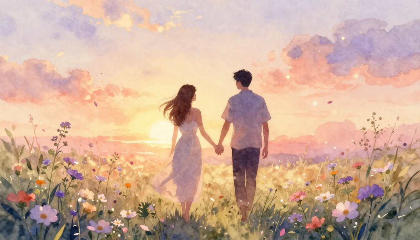 A soft and dreamy watercolor painting depicting two silhouet...