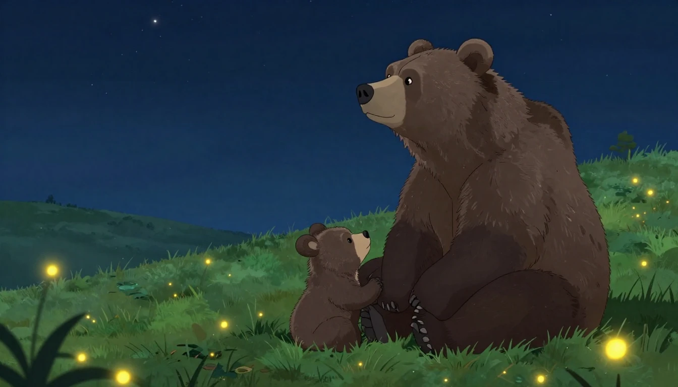A heartwarming scene of a large, gentle bear sitting next to...