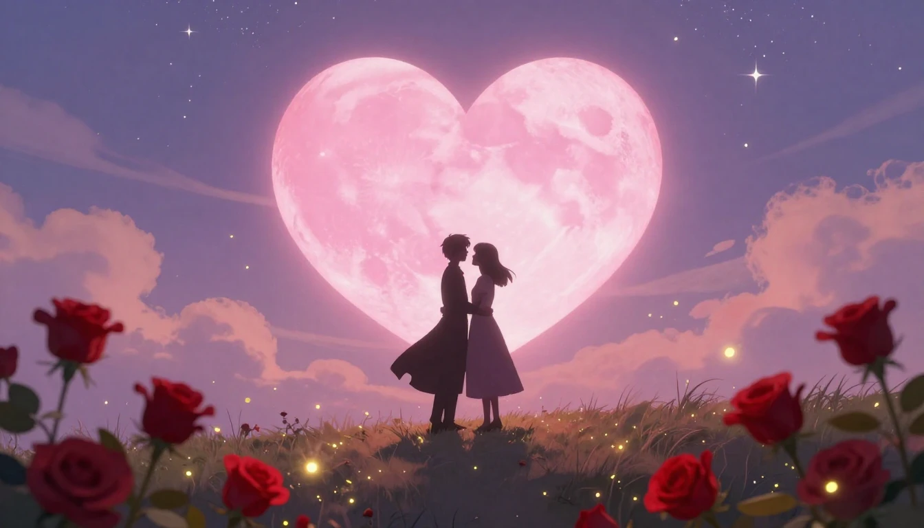 A romantic and dreamy scene depicting the silhouettes of a c...