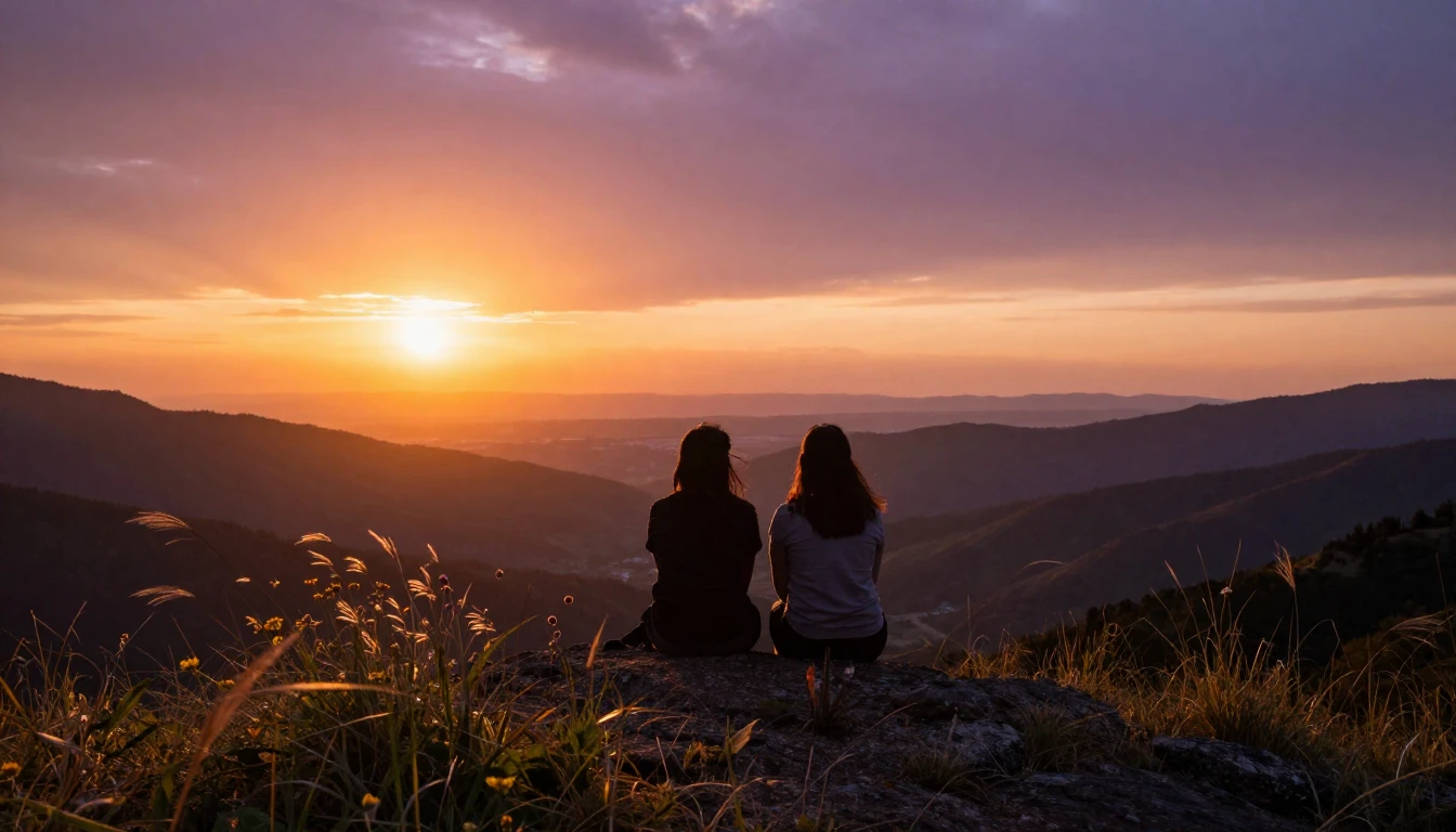 A breathtaking landscape at golden hour, featuring two silho...