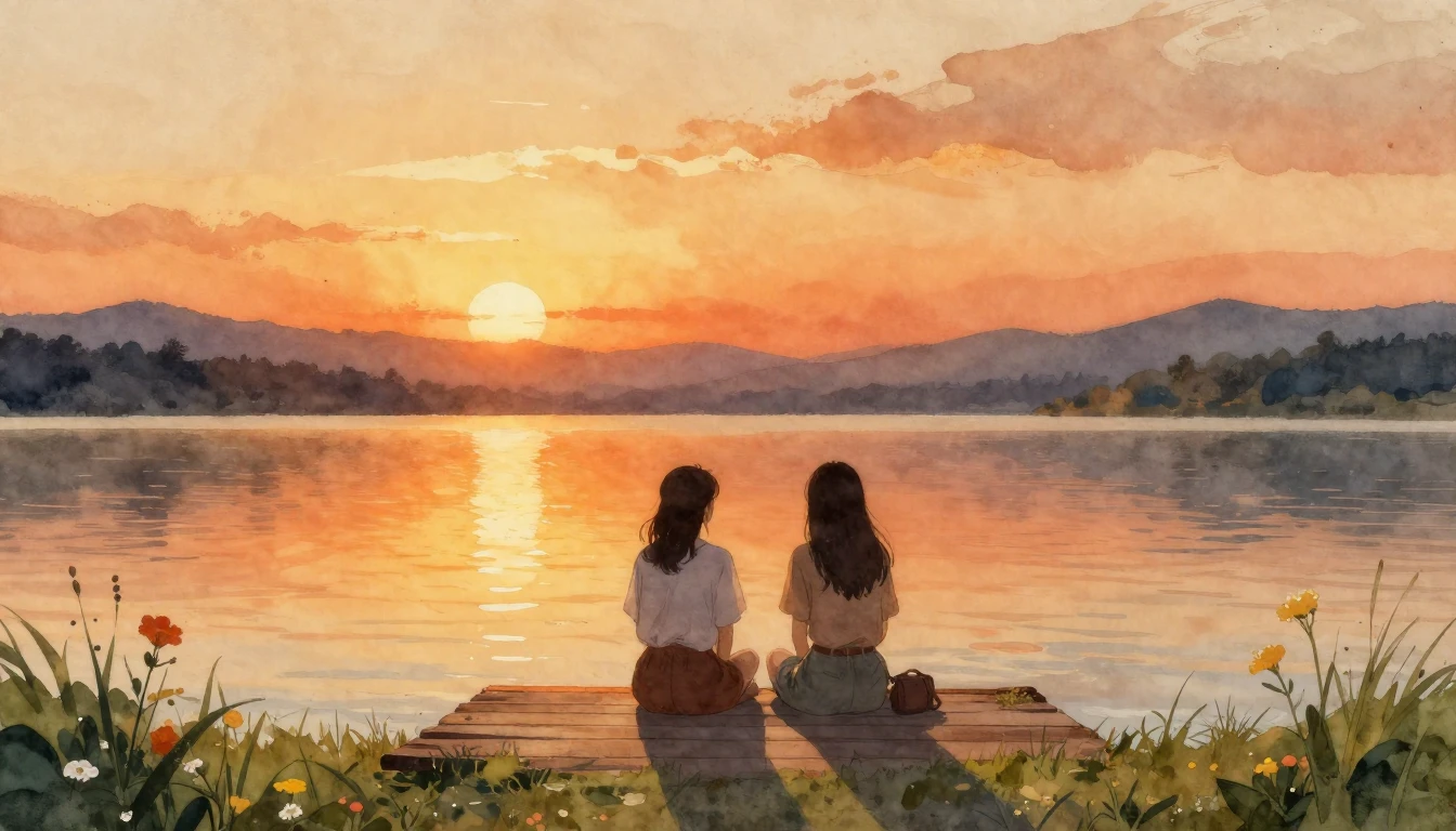 A serene watercolor painting capturing a warm and nostalgic ...