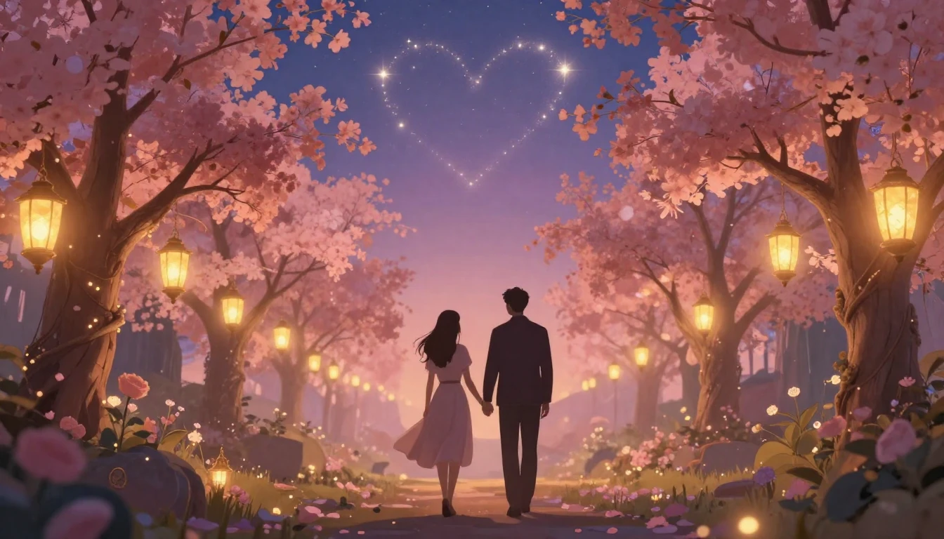 A soft and dreamy romantic scene featuring two silhouettes w...