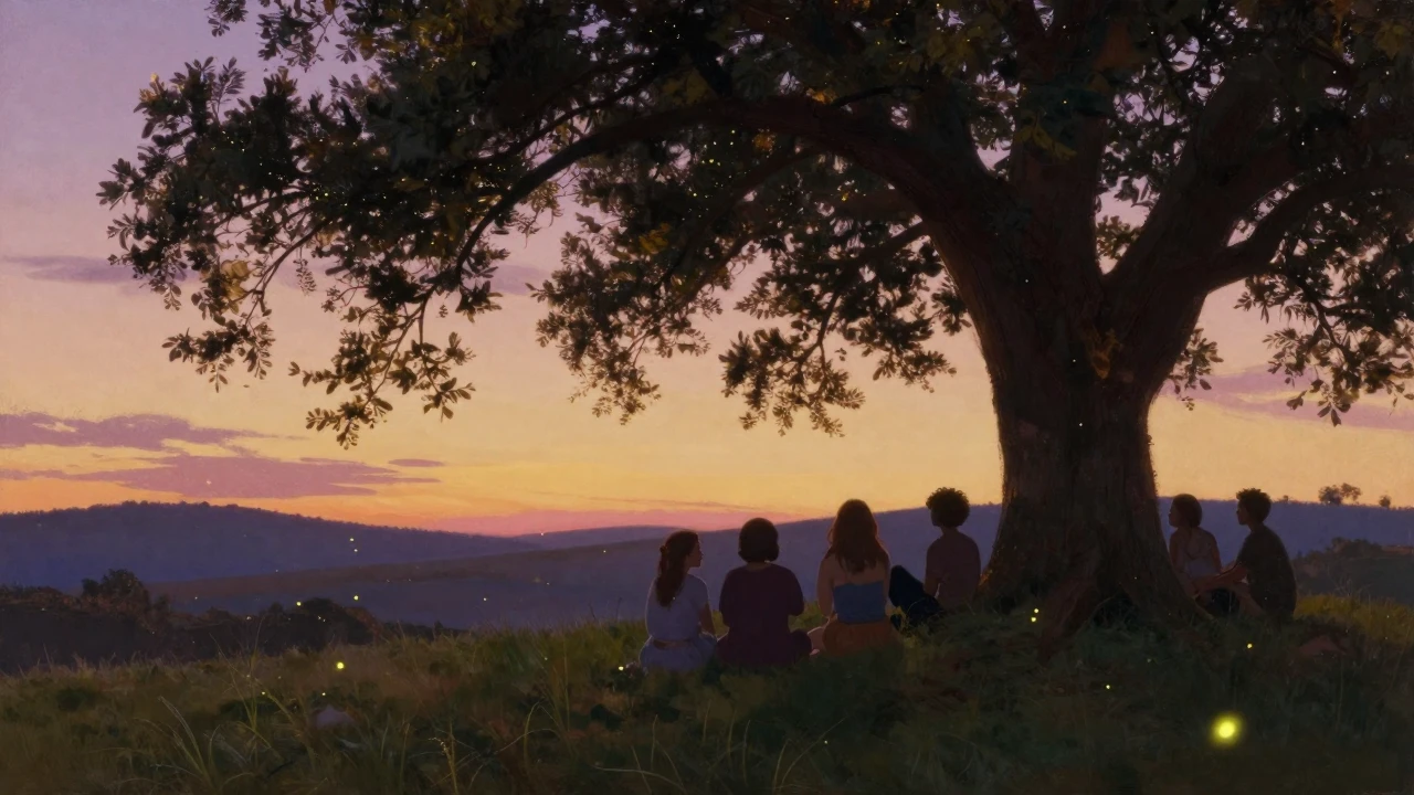 A warm and nostalgic evening scene with a group of diverse s...