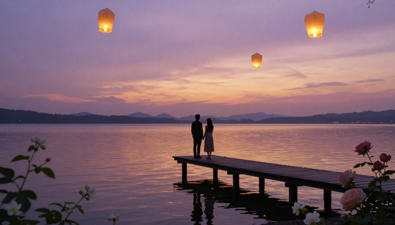 An ethereal and romantic scene of two silhouettes standing o...