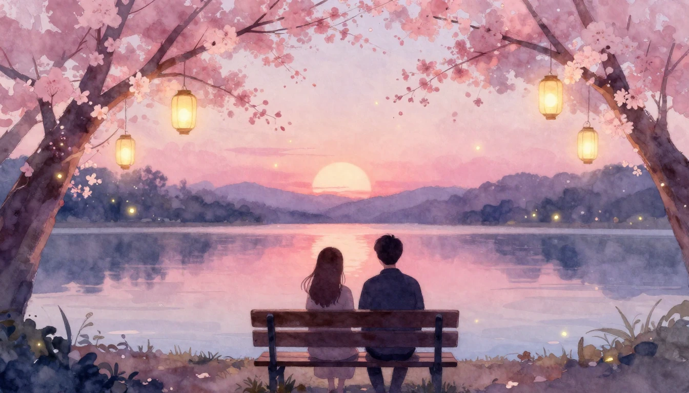 A soft and dreamy watercolor painting depicting a romantic e...