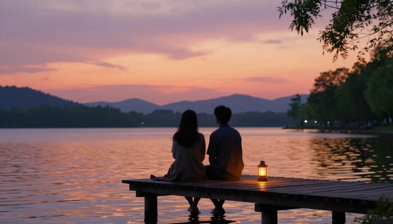 A warm and heartwarming scene featuring two silhouettes of f...