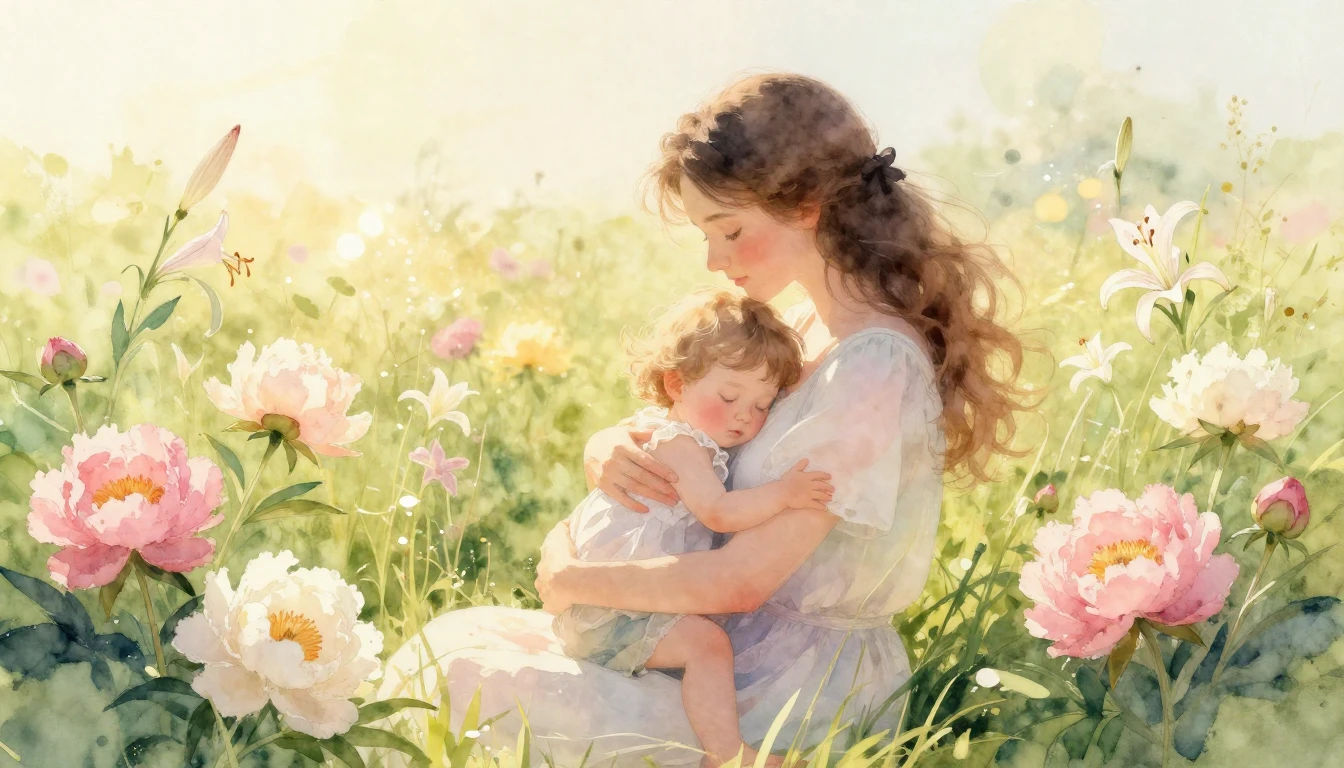 A soft and ethereal watercolor painting depicting a tender e...