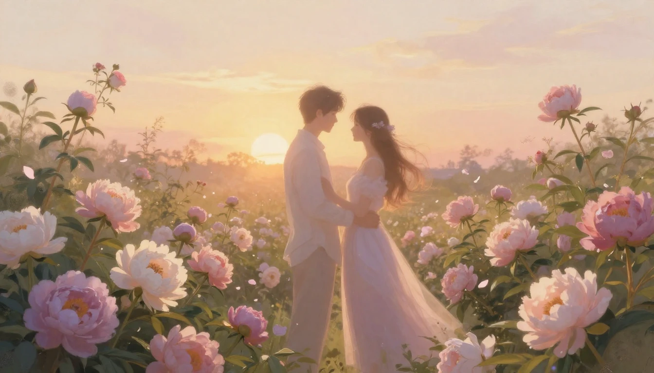 A dreamy and romantic scene depicting two soft silhouettes o...