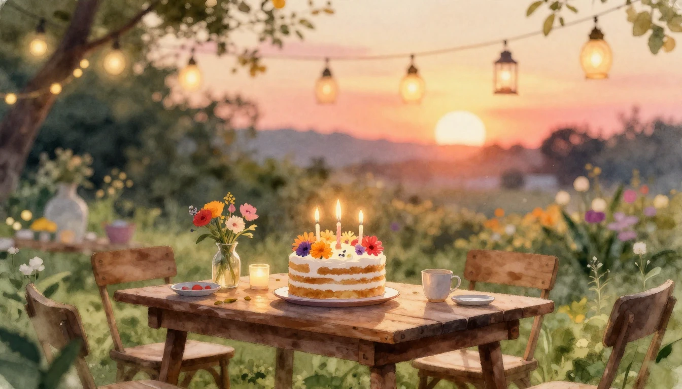 A warm and cozy outdoor birthday celebration scene in a lush...