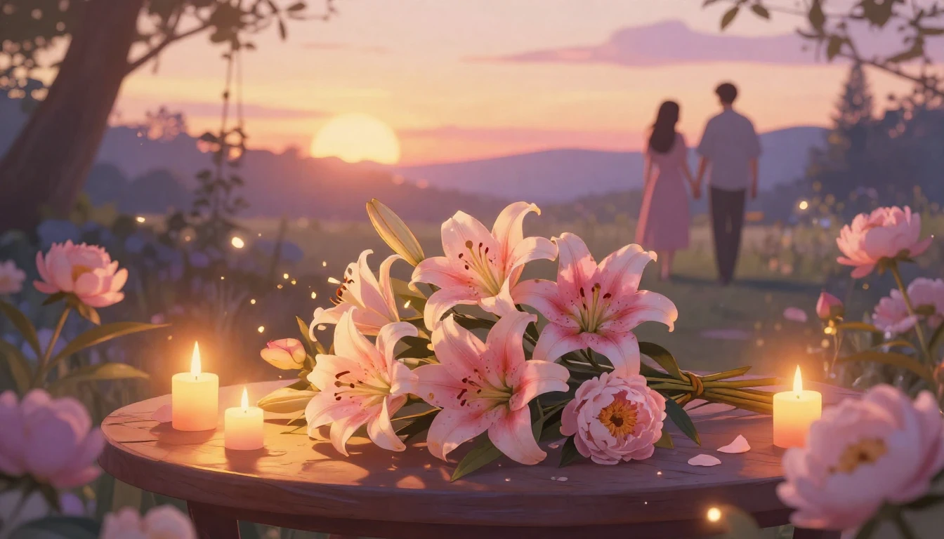 A dreamy and romantic illustration featuring a serene garden...