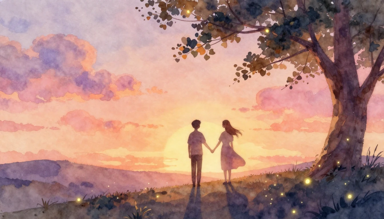 A soft and romantic watercolor painting depicting two abstra...