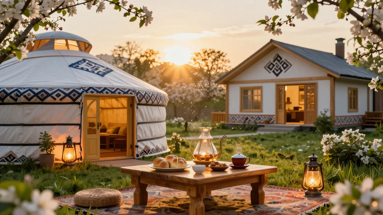 A warm and cozy traditional yurt and a modern beautiful hous...