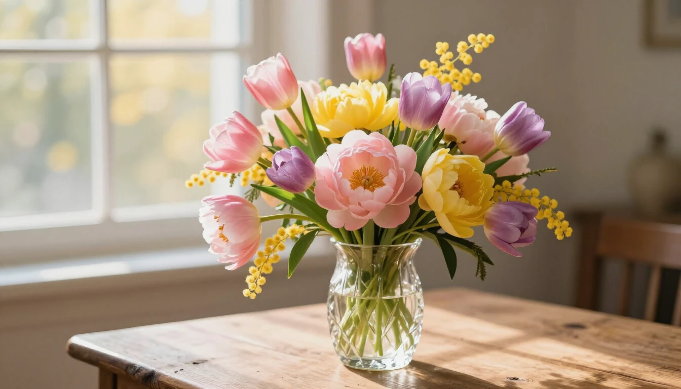 A delicate and vibrant bouquet of spring flowers including t...