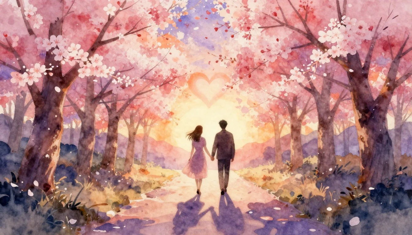 A soft, romantic watercolor painting depicting two silhouett...