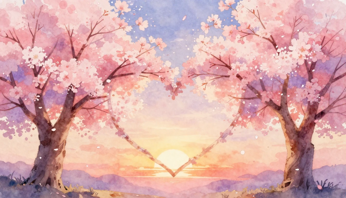 A romantic, soft watercolor painting depicting two intertwin...