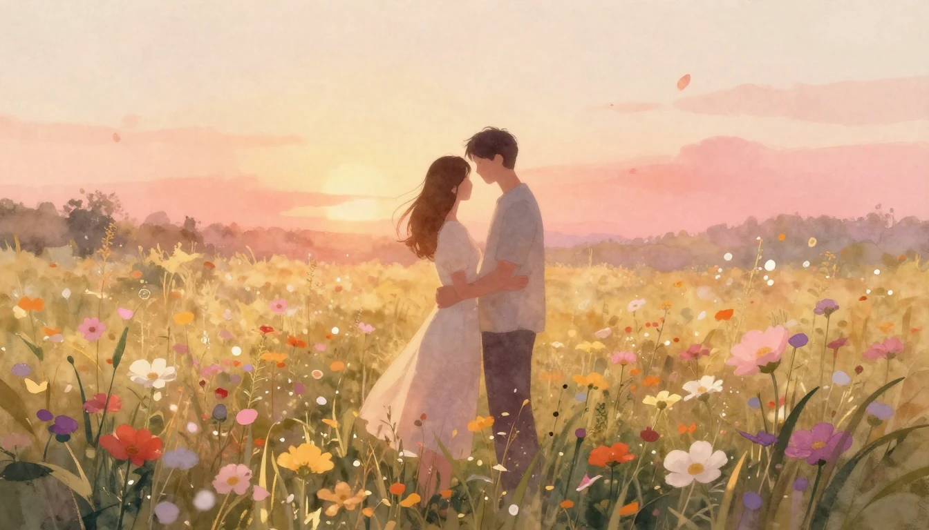 A romantic and ethereal scene of a couple standing in a fiel...