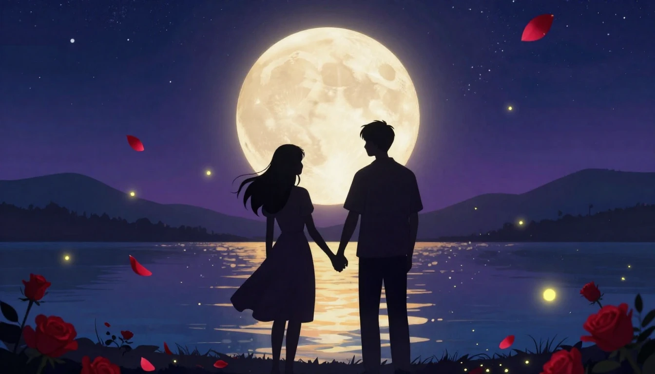 A romantic and dreamy illustration featuring two silhouettes...