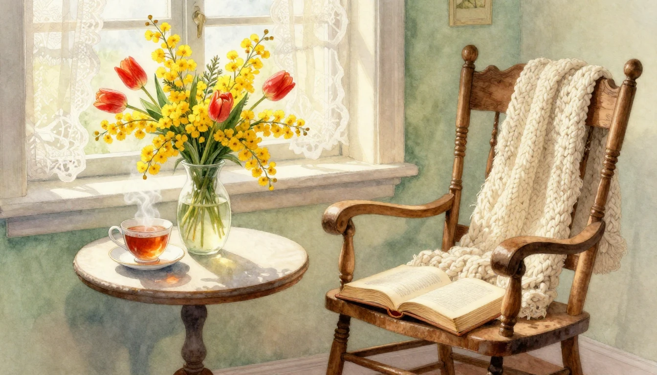 A heartwarming watercolor painting of a cozy corner in a gra...