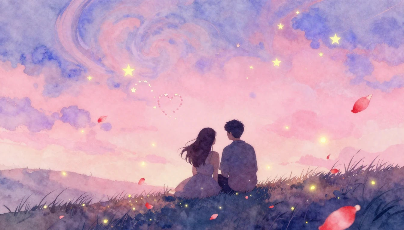 A romantic and dreamy watercolor illustration depicting two ...