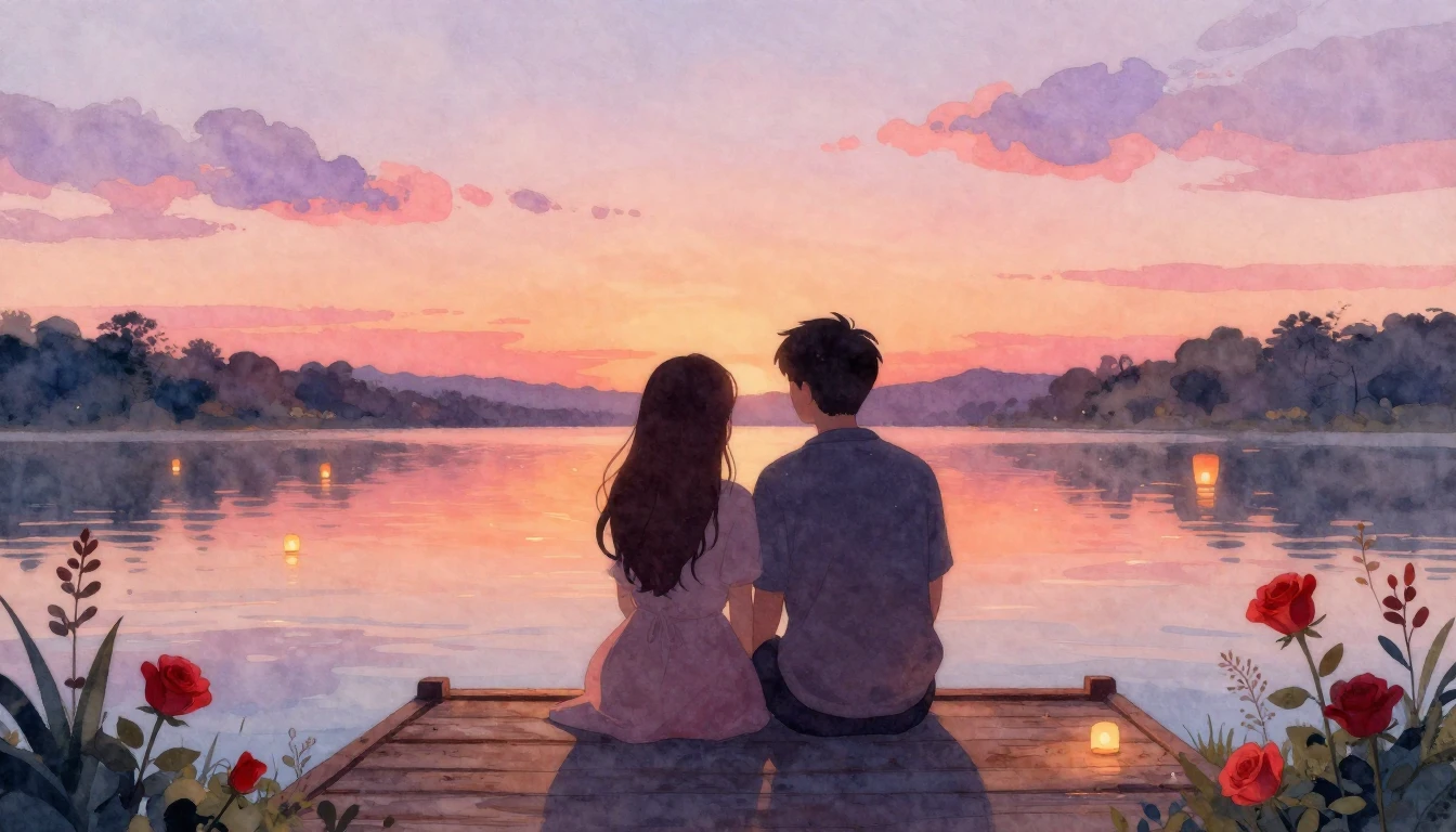 A romantic and dreamy watercolor painting depicting two styl...