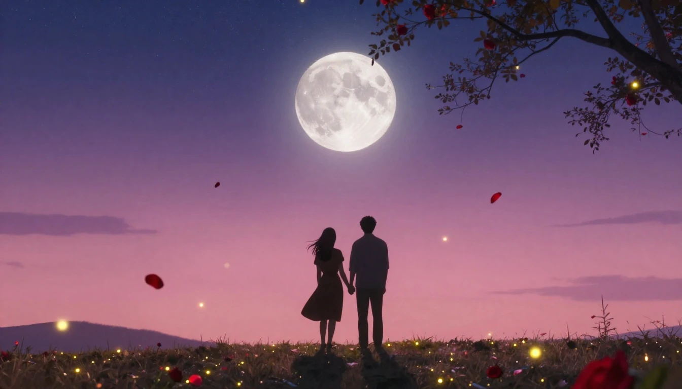 A dreamy and romantic scene featuring two silhouettes of a c...