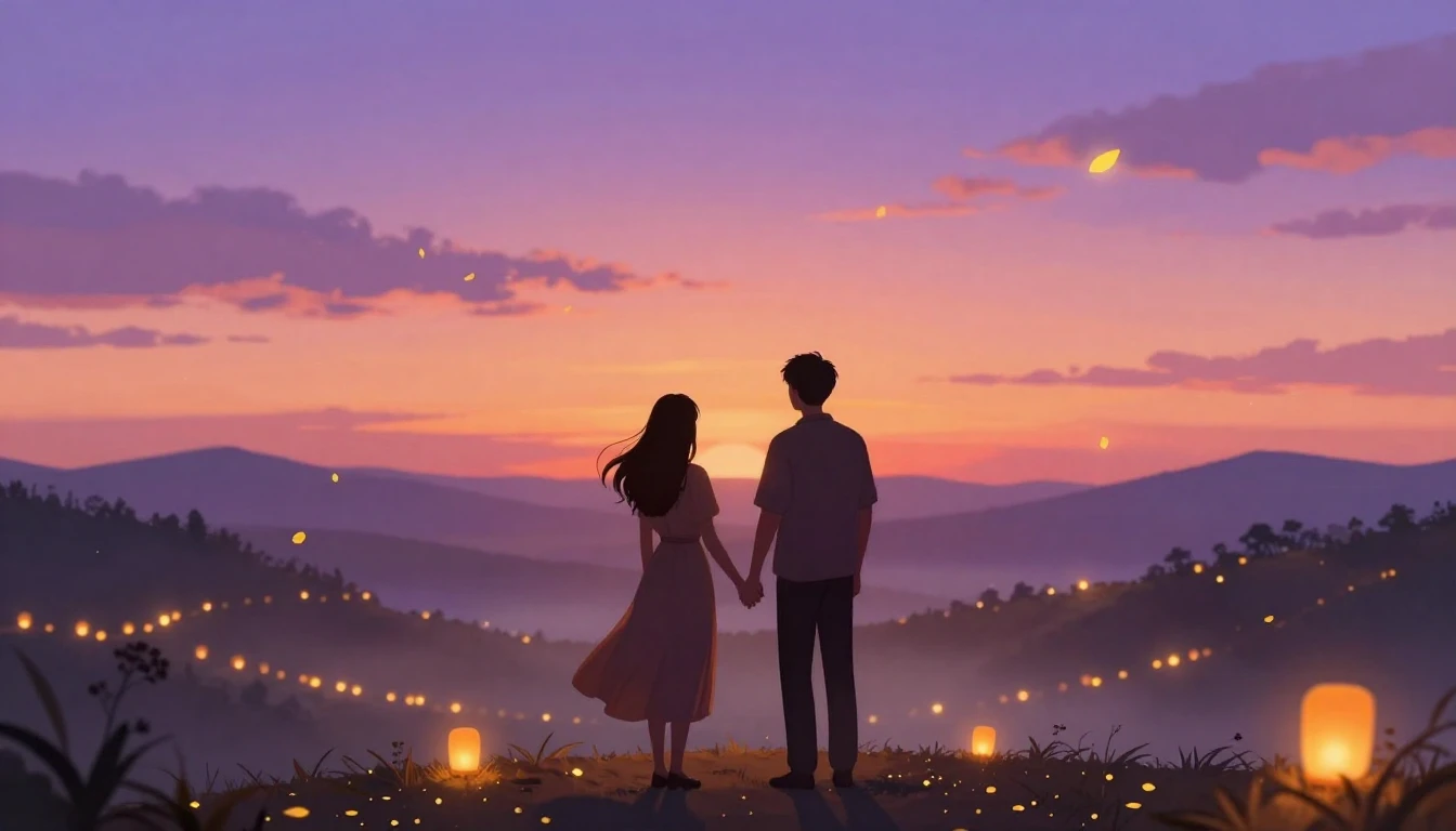 A dreamy and romantic illustration of two silhouettes standi...