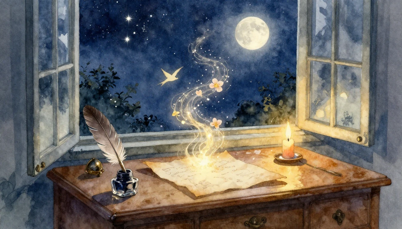 A dreamy watercolor illustration of a vintage wooden writing...