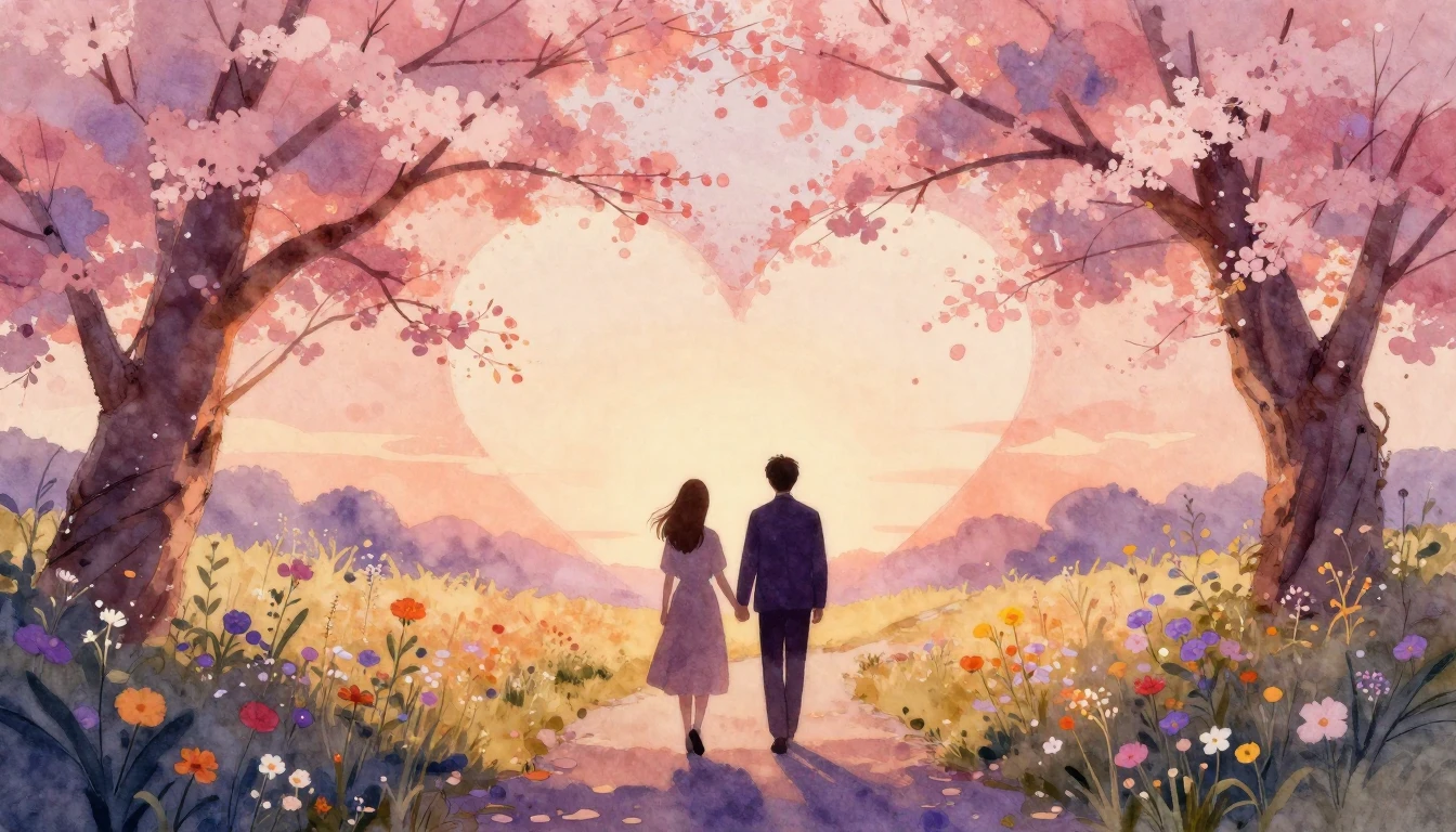 A romantic watercolor painting depicting two silhouettes wal...