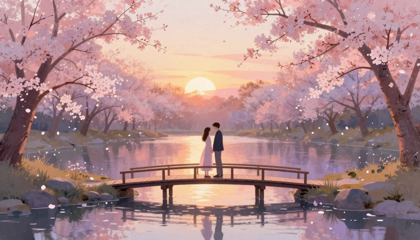A dreamy and romantic scene featuring two stylized silhouett...