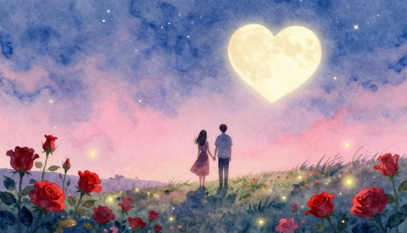 A dreamy and soft romantic scene featuring two silhouettes o...