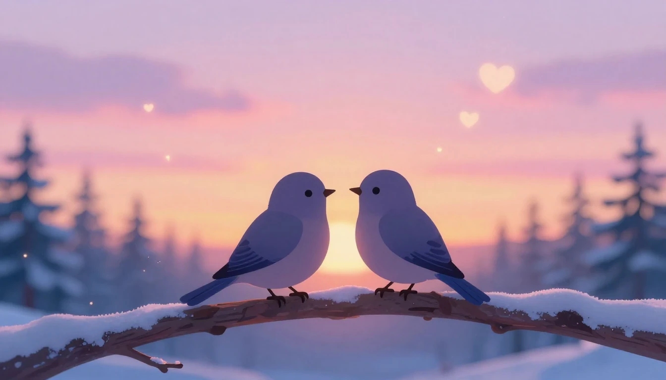 A soft and romantic scene featuring two stylized silhouettes...