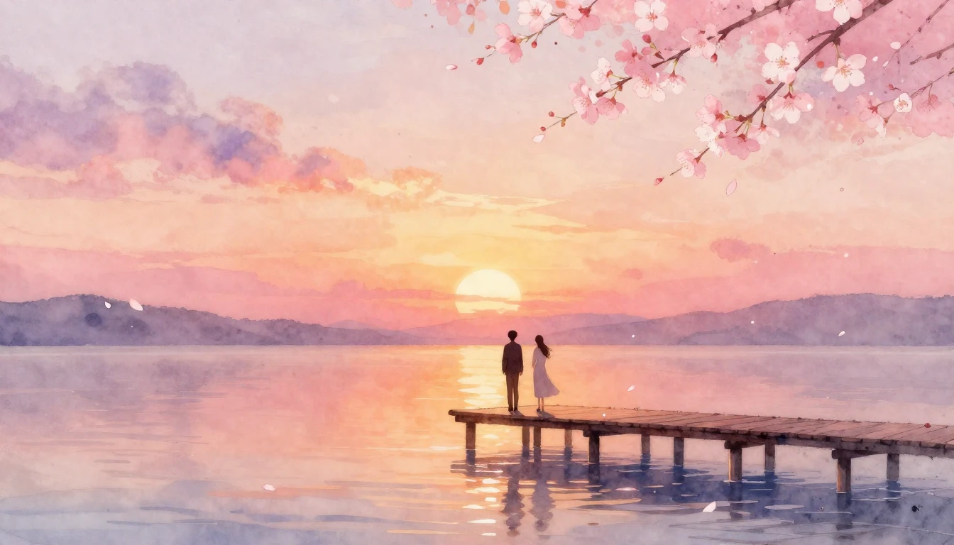 A romantic and ethereal watercolor painting of two silhouett...