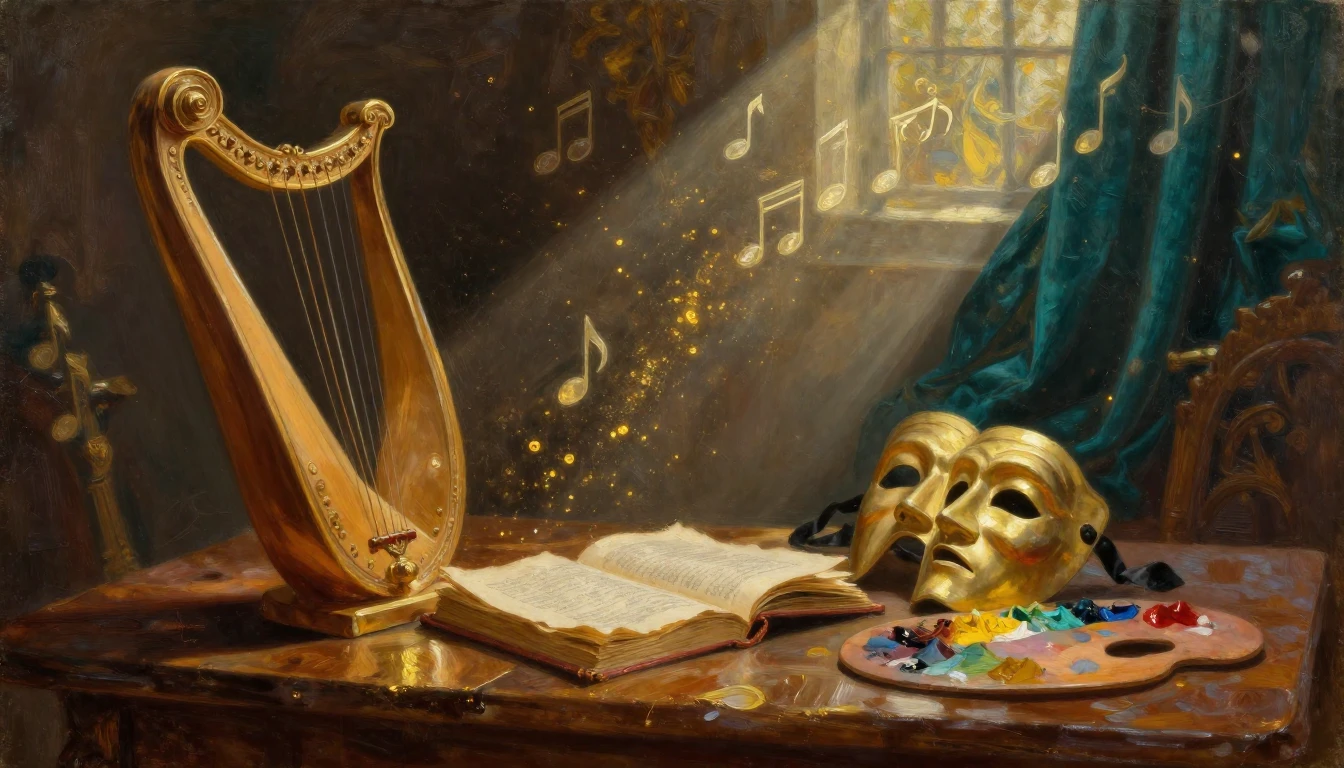 A magnificent oil painting depicting a grand, sun-drenched c...