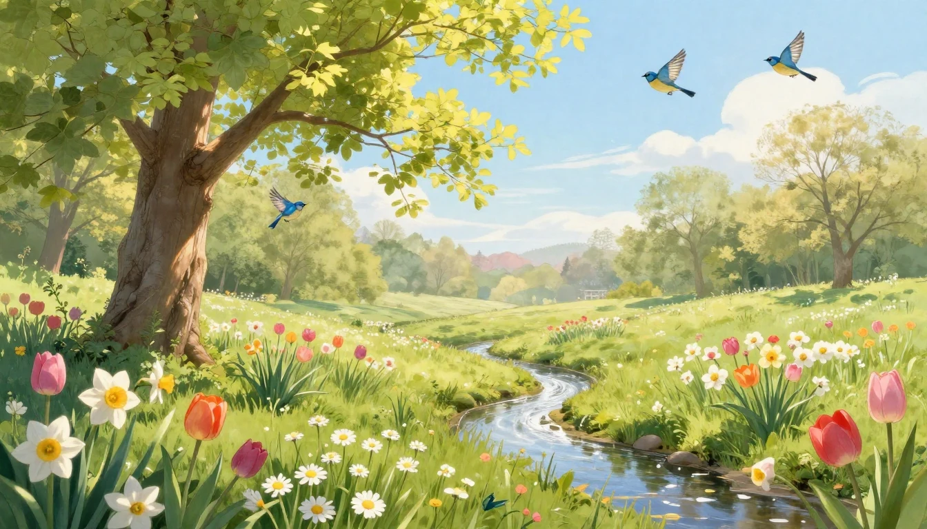 A beautiful spring landscape bursting with vibrant life and ...