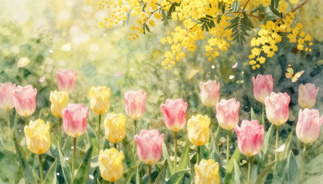 A lush spring garden filled with blooming tulips and delicat...