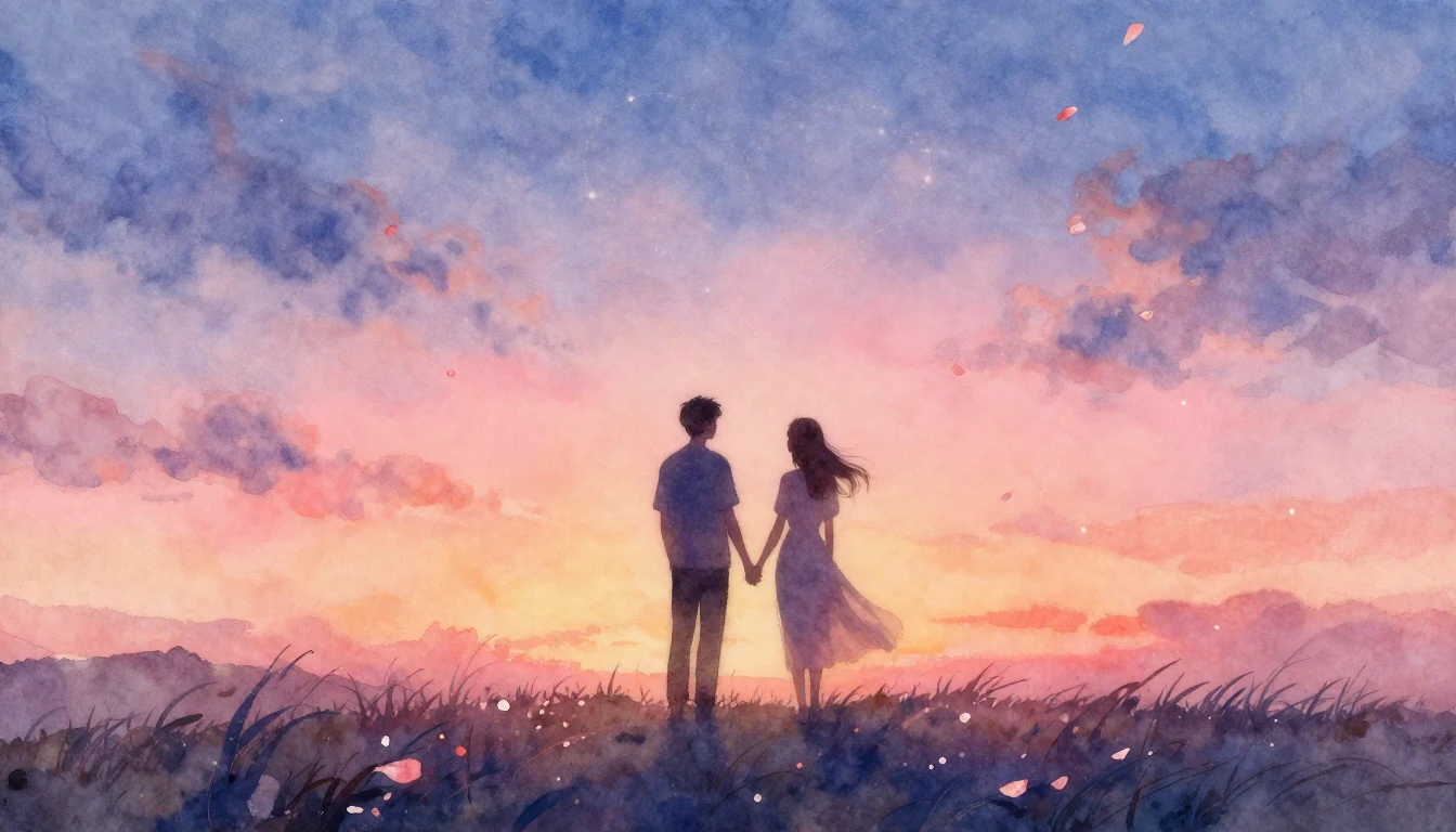 A dreamy and soft watercolor painting depicting two silhouet...