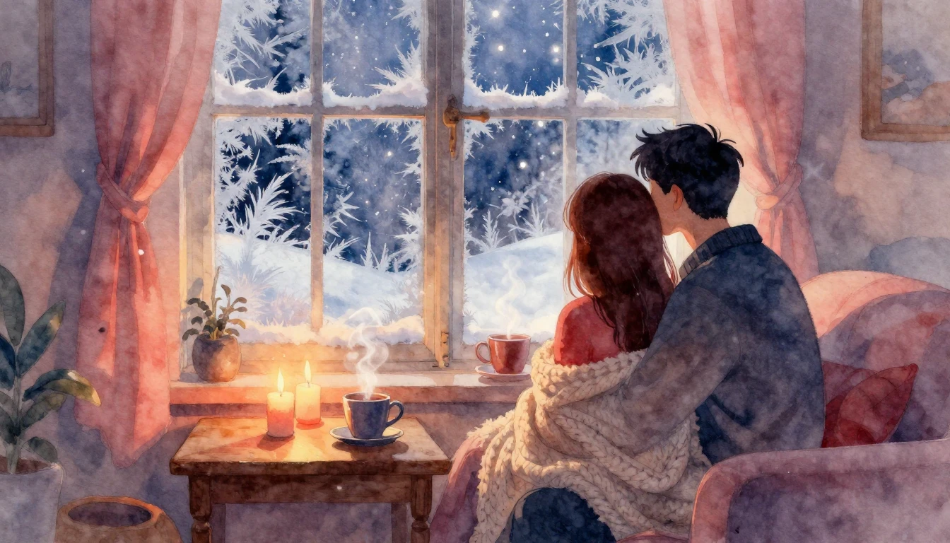 A romantic and tender watercolor painting. A cozy indoor sce...