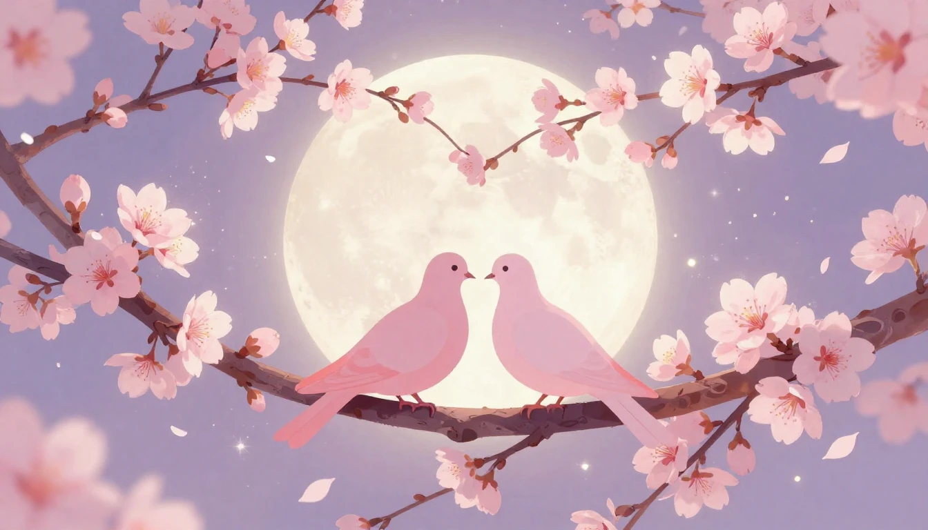 A romantic and dreamy illustration featuring two stylized si...