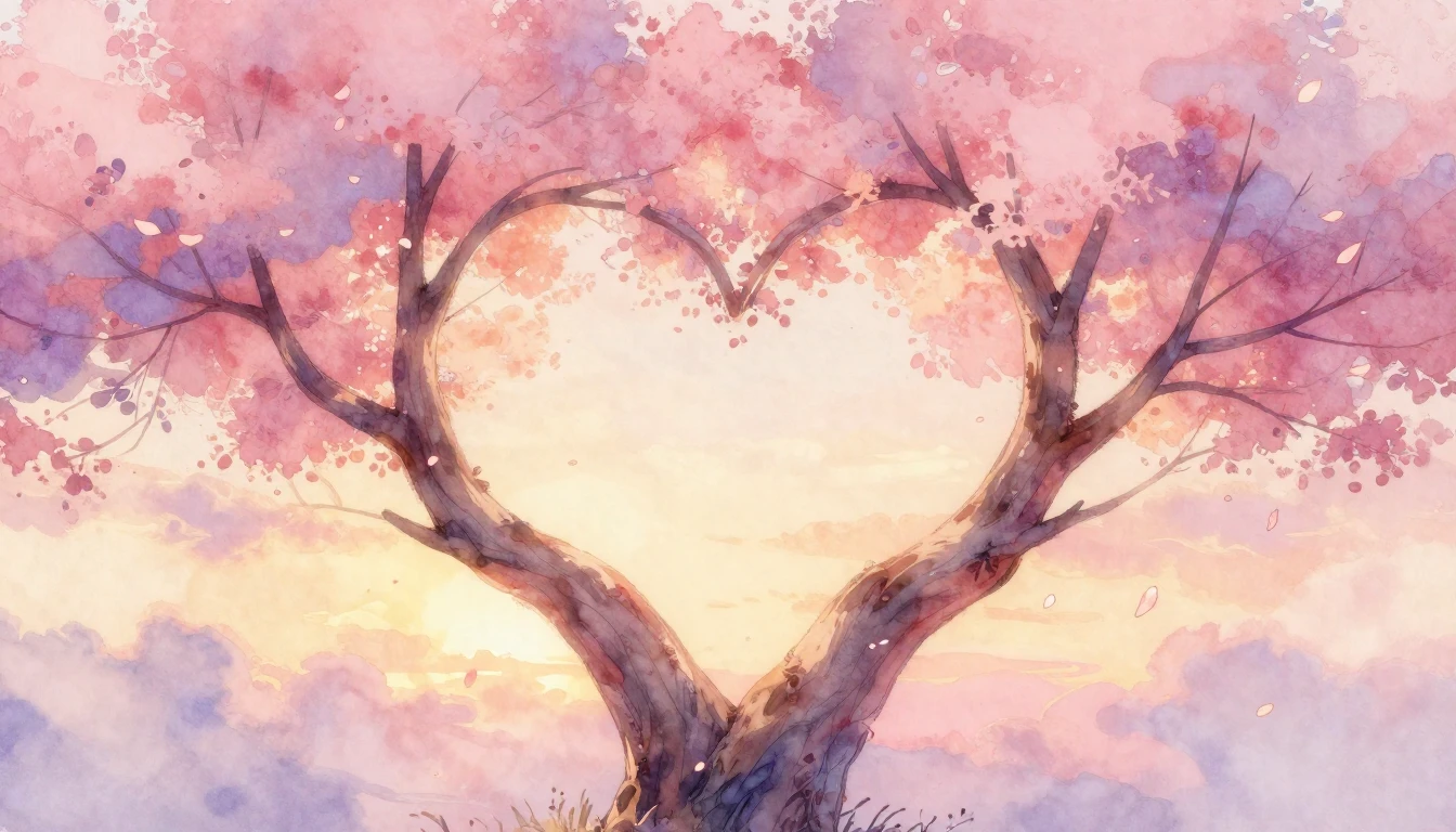 A romantic watercolor painting depicting two intertwined tre...