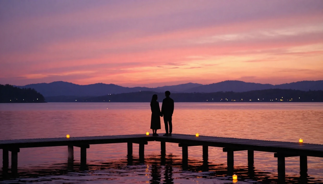 A romantic and dreamy scene of two silhouettes standing on a...