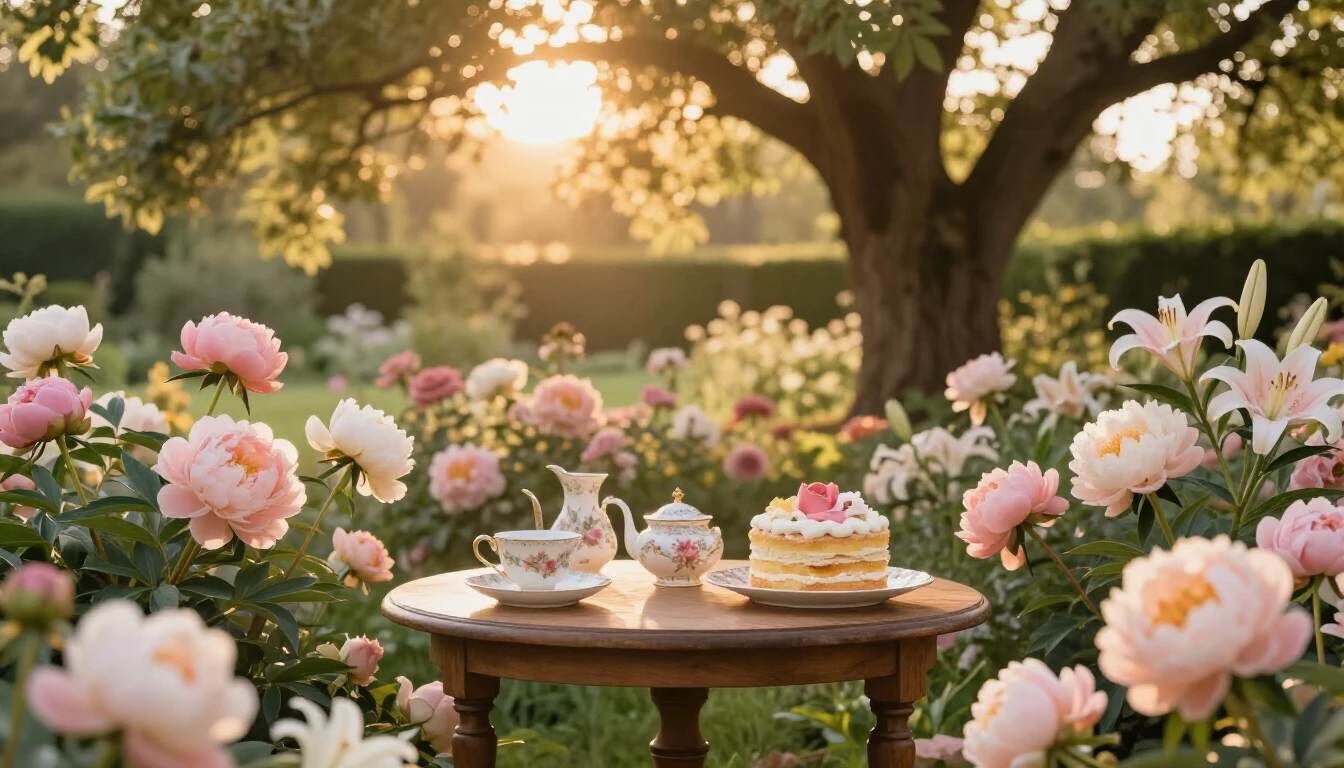 A serene and elegant scene featuring a lush, sun-drenched ga...