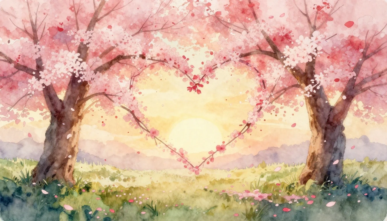 A dreamy watercolor painting depicting two ancient cherry bl...