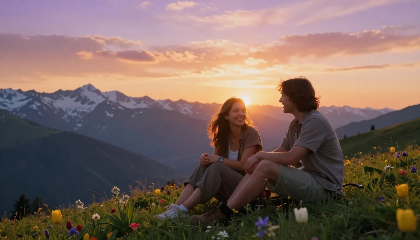 A heartwarming scene of two best friends sitting on a lush g...