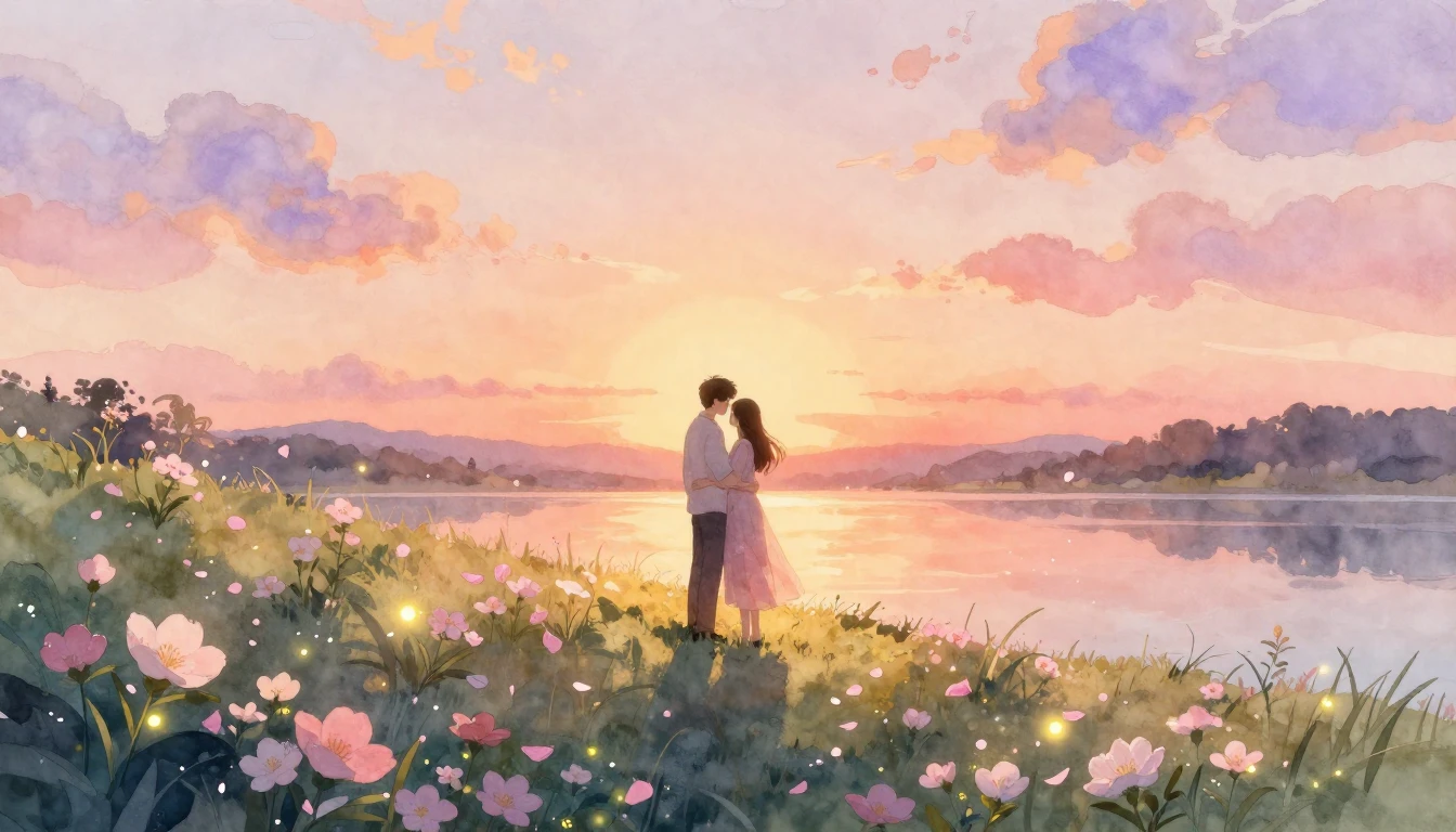 A romantic and dreamlike scene of a couple standing on a lus...