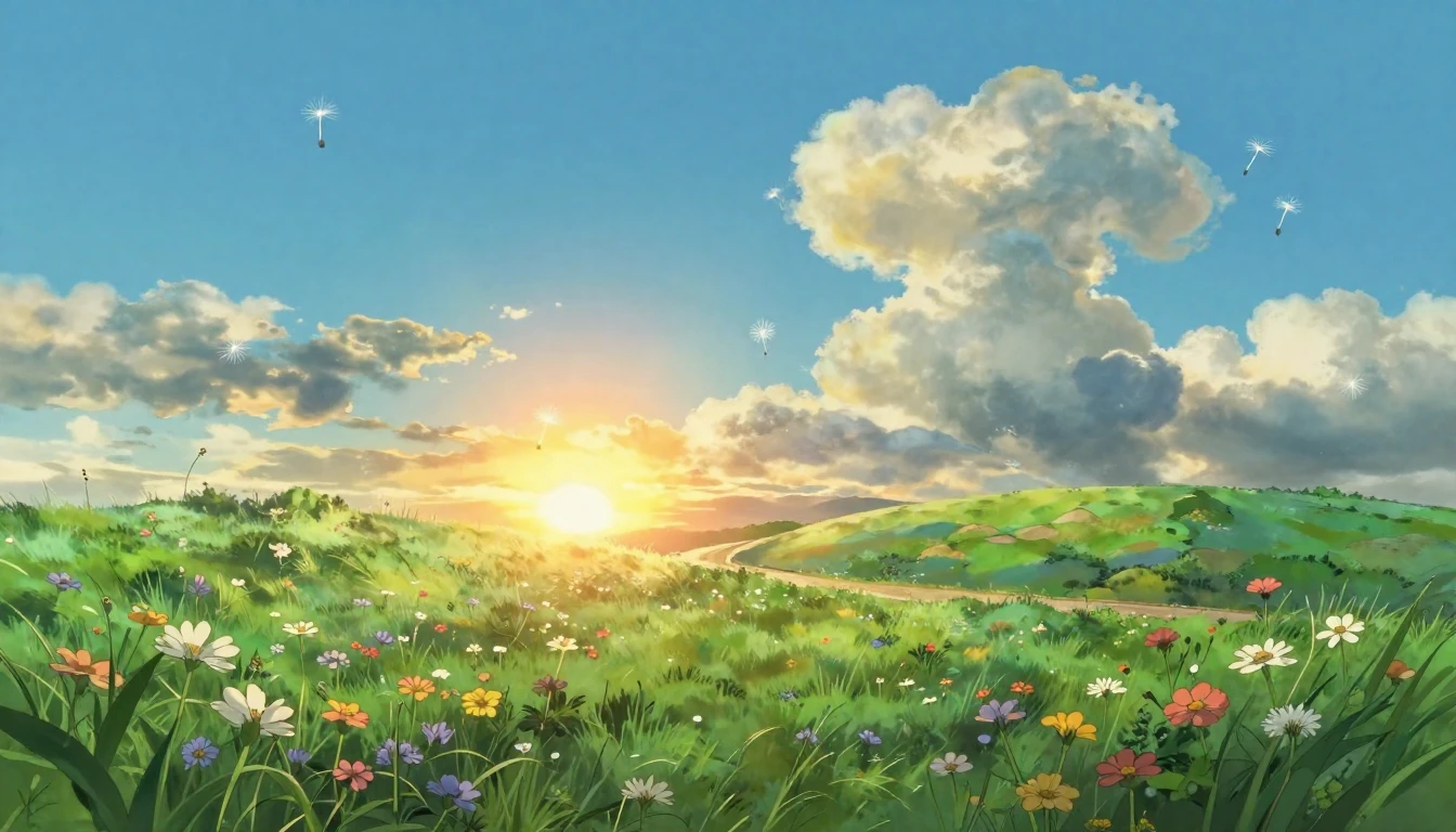 A breathtaking Ghibli-style landscape scene representing the...