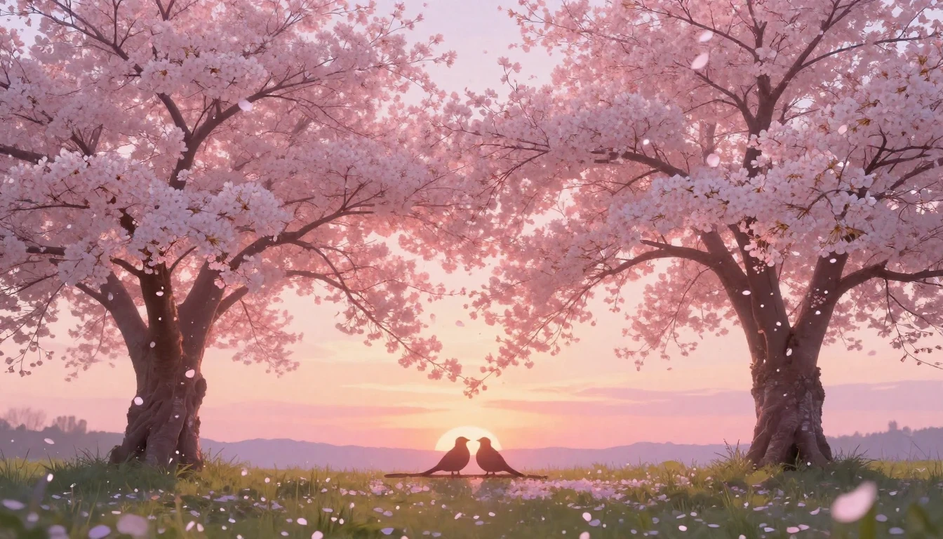 A soft and dreamy composition featuring two large cherry blo...