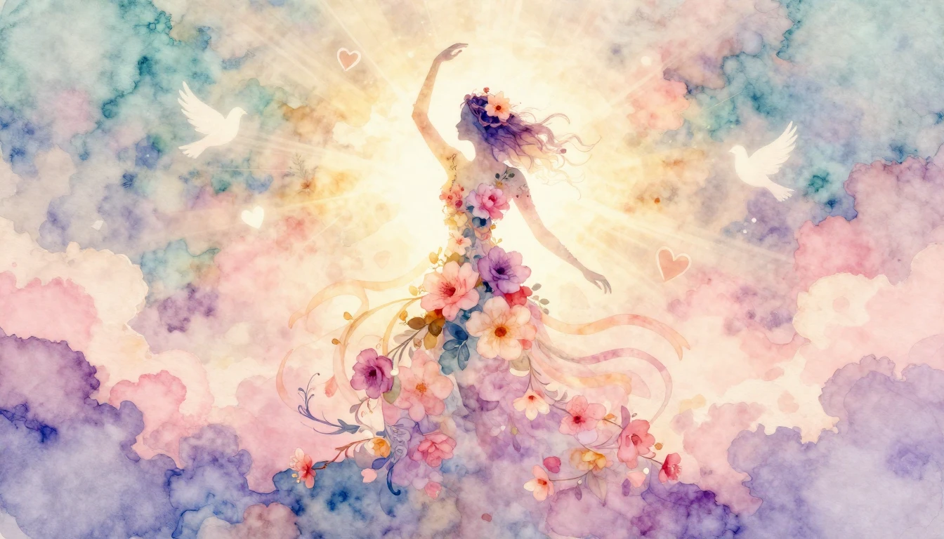A beautiful, ethereal watercolor painting celebrating womanh...