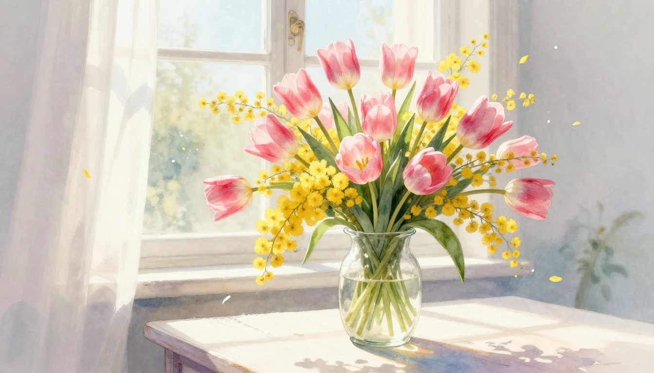 A soft and airy watercolor painting depicting a lush bouquet...