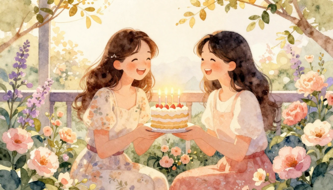 A cozy and heartwarming watercolor illustration of two femal...